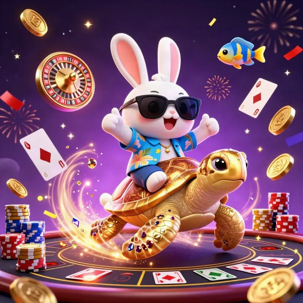 Lucky rabbit rides a golden sea turtle amid casino lights, coins, gems, fireworks, and purple glow.
