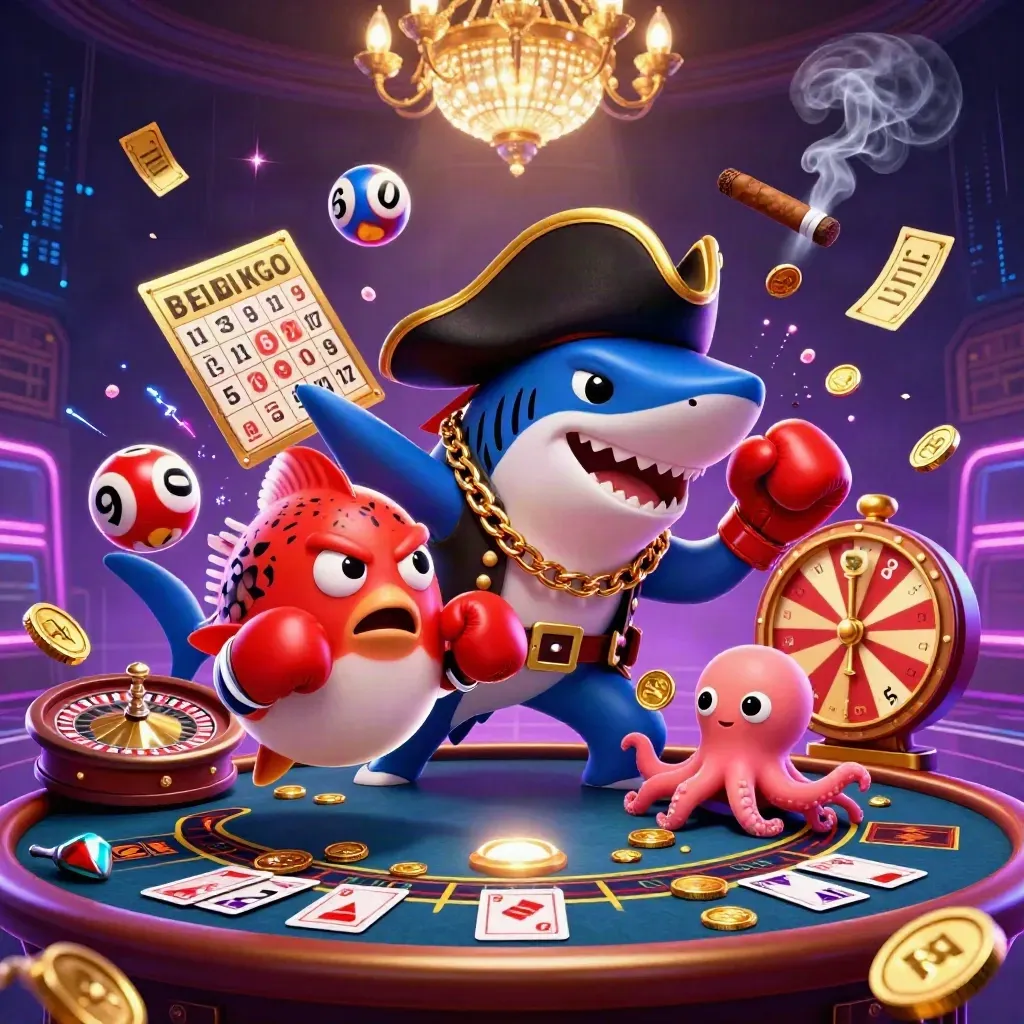 Shark pirate, boxing pufferfish, and coin-juggling octopus in a neon casino splash scene.