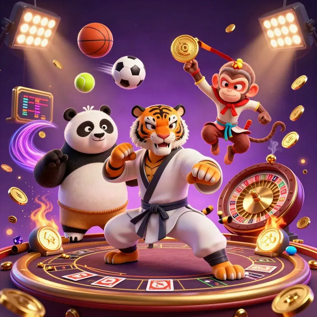 Tiger, panda, and monkey heroes amid casino lights, coins, balls, trophy, roulette wheel