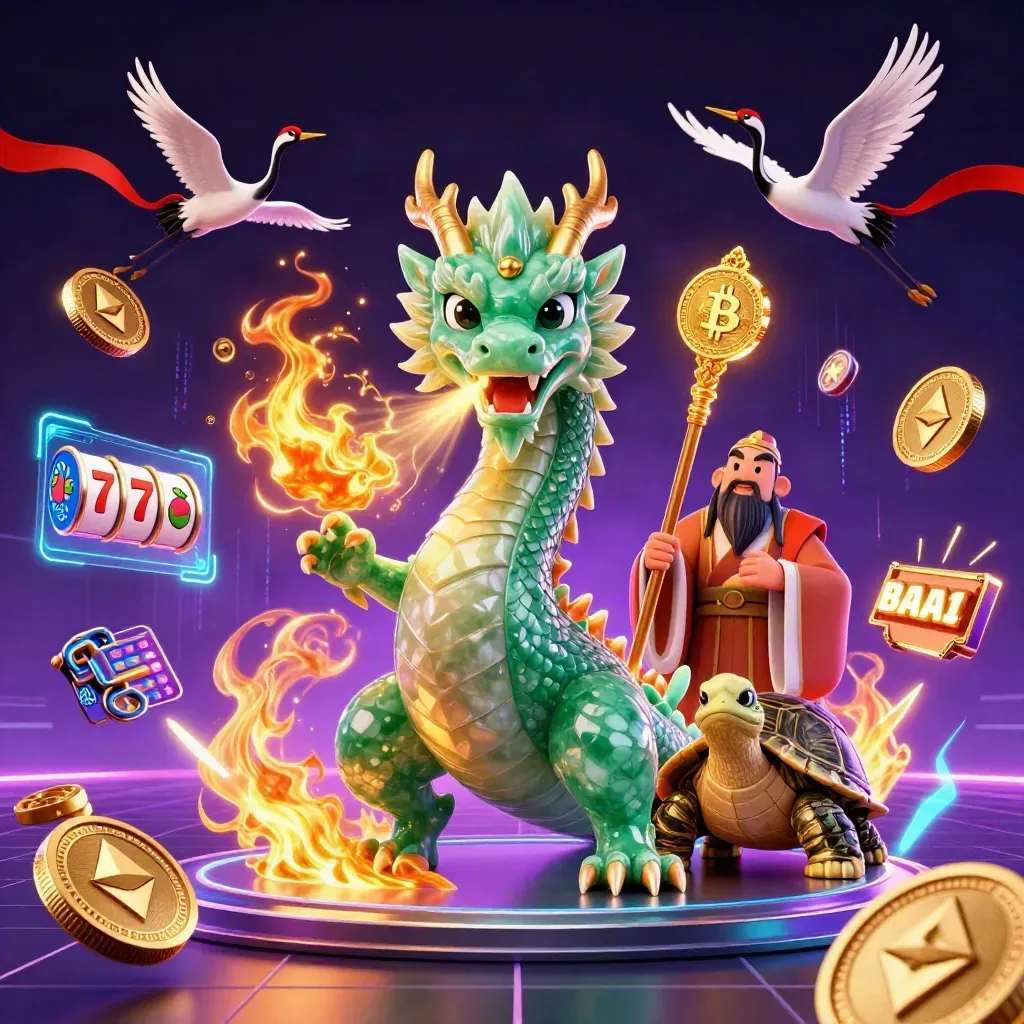Emerald dragon, turtle sage, and cranes amid gold fire, neon coins, and casino energy