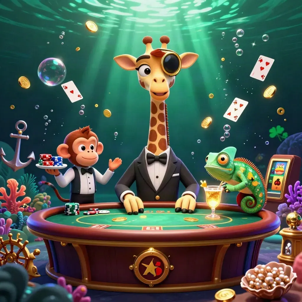 Giraffe high roller, monkey valet, and chameleon bartender in an underwater casino cove with gold, coral, and bubbles.