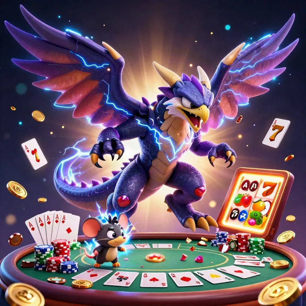Thunder dragon, hawk, and crackling mouse amid poker chips, gems, cards, lightning, and casino glow.