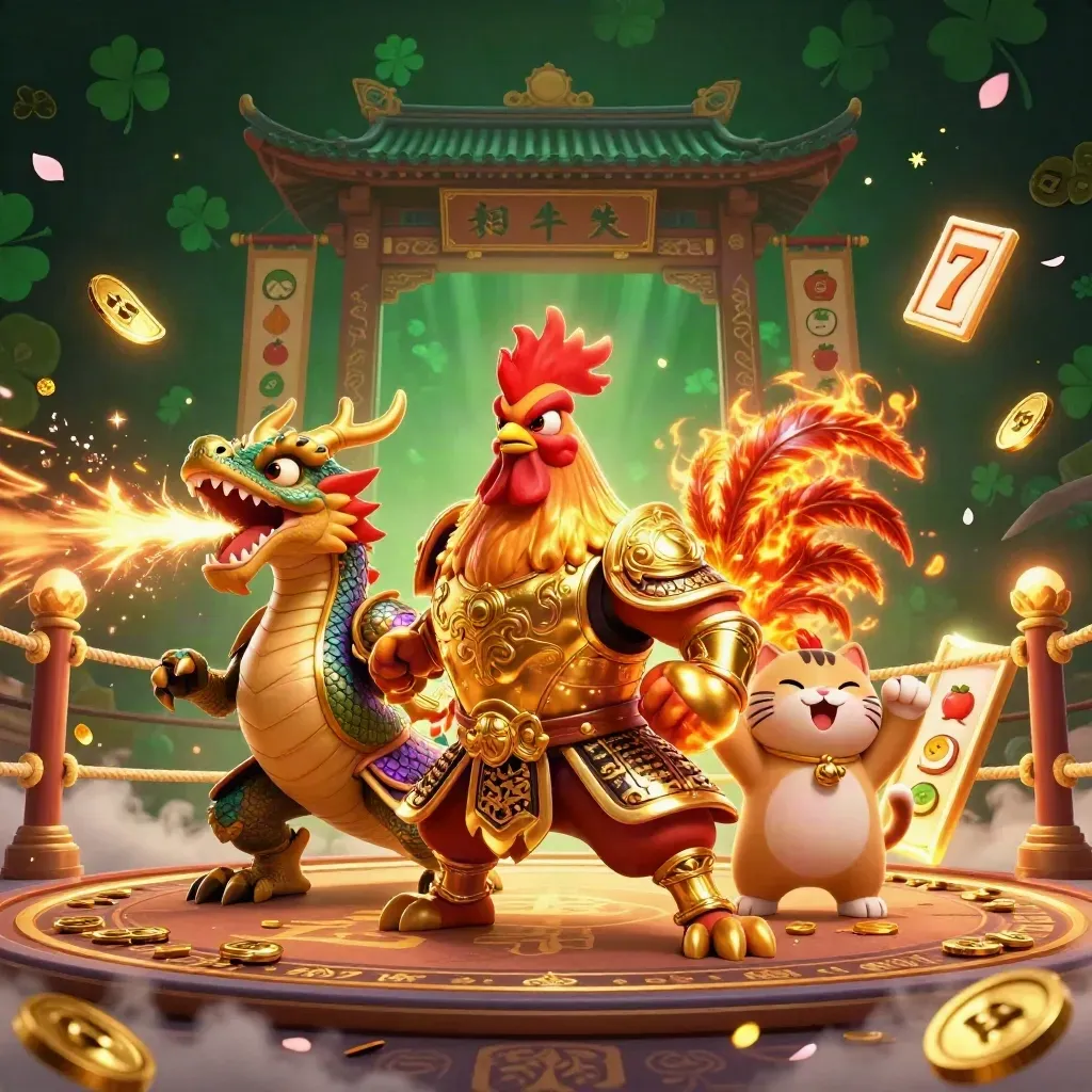 Golden rooster warrior, spark-breathing dragon hatchling, and cheering fortune cat in a casino ruin.