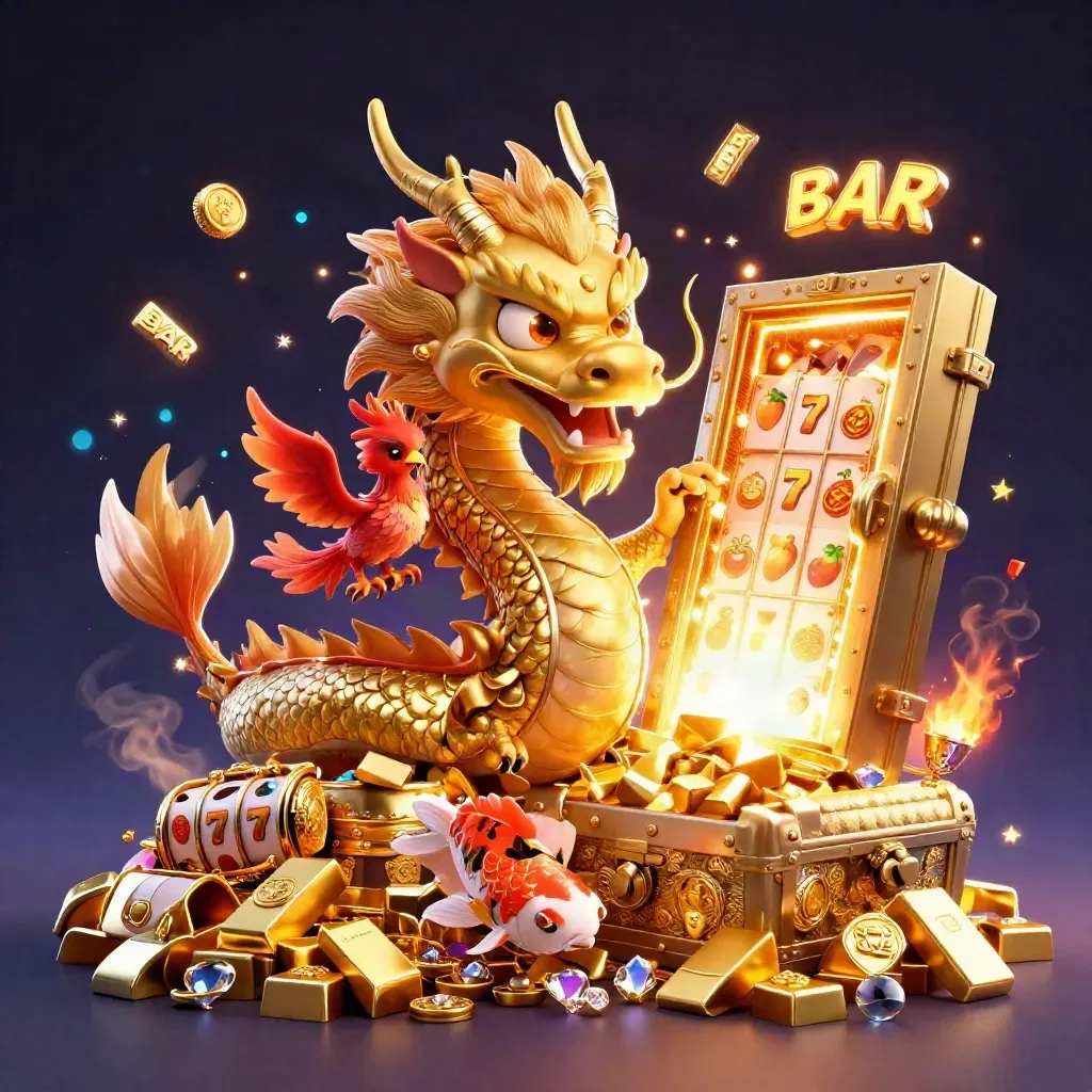 Golden dragon, phoenix, and koi burst from treasure with casino lights and gems.