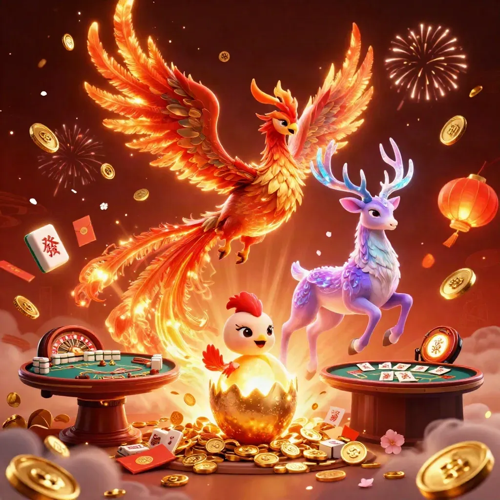 Phoenix, stag and hatching chick amid jackpots, coins and fireworks in a dark crimson casino scene.