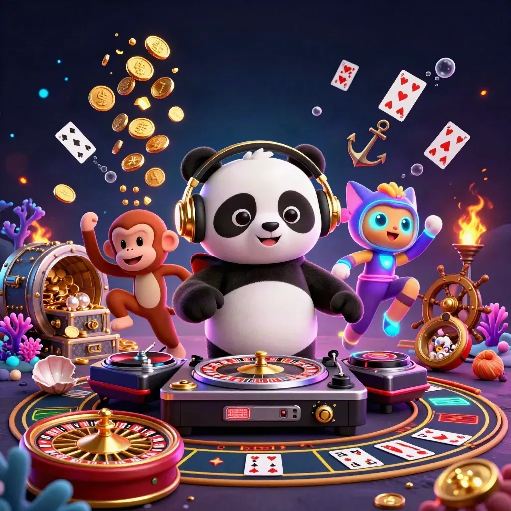 DJ panda, monkey, and kitten amid gold coins, coral, cards, and casino props