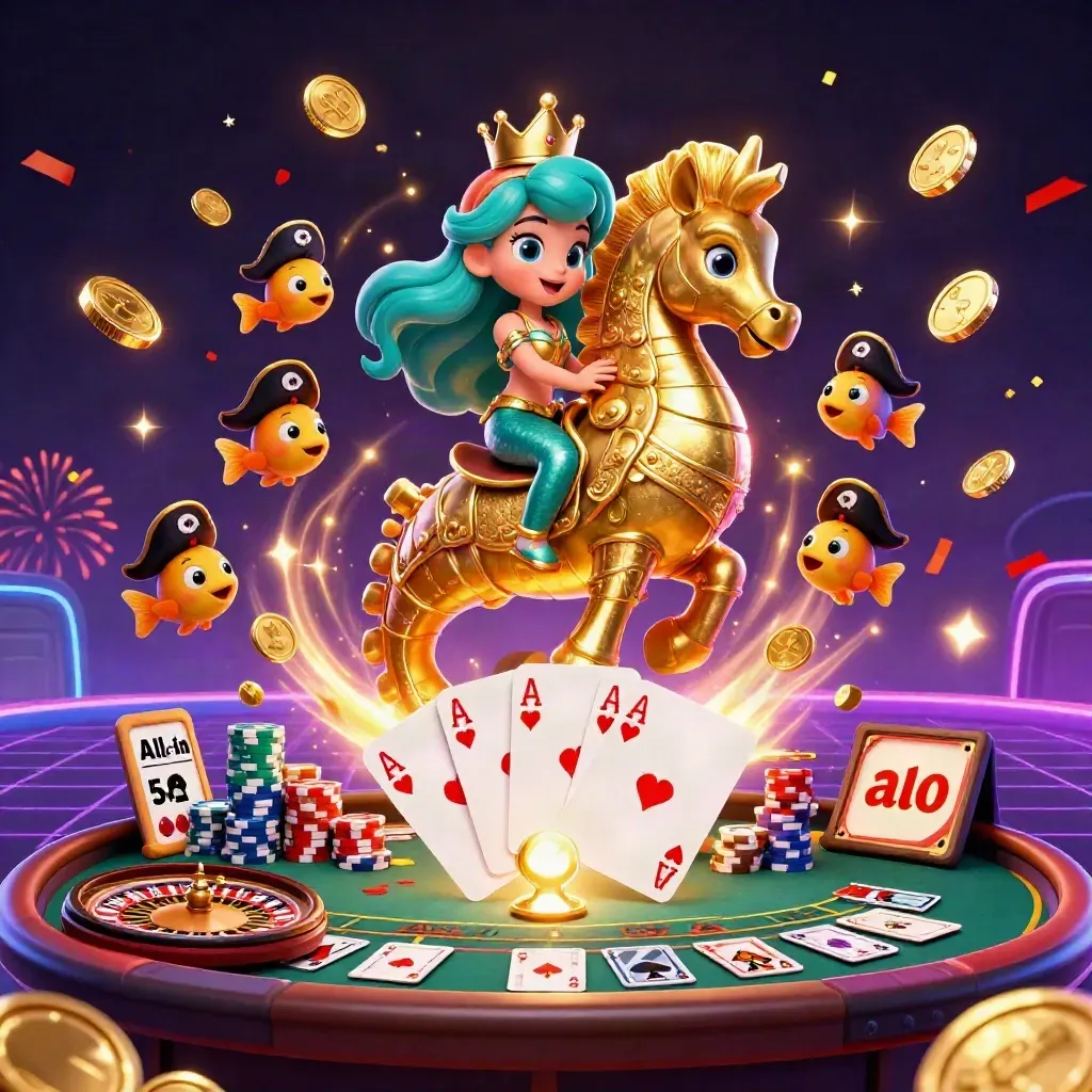 Mermaid princess rides armored seahorse amid casino chips, cards, coins and fireworks.