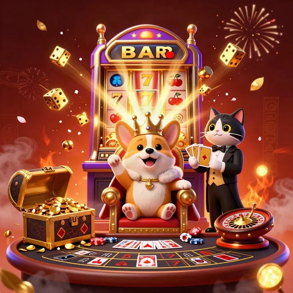 Royal corgi king and cat butler amid jackpot burst, slot symbols, gold coins, and casino lights