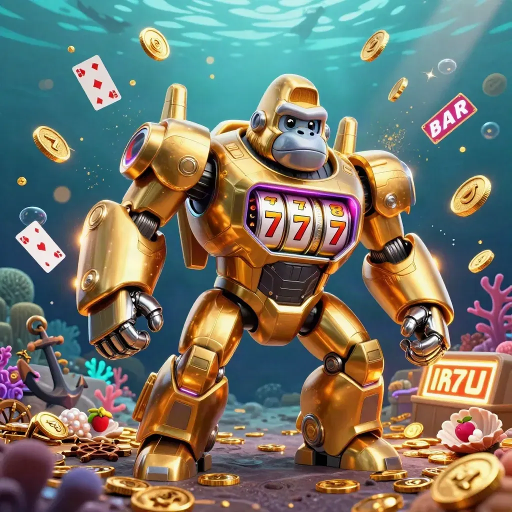 Golden gorilla slot mech with tiny monkey pilot amid underwater jackpots and glowing treasure