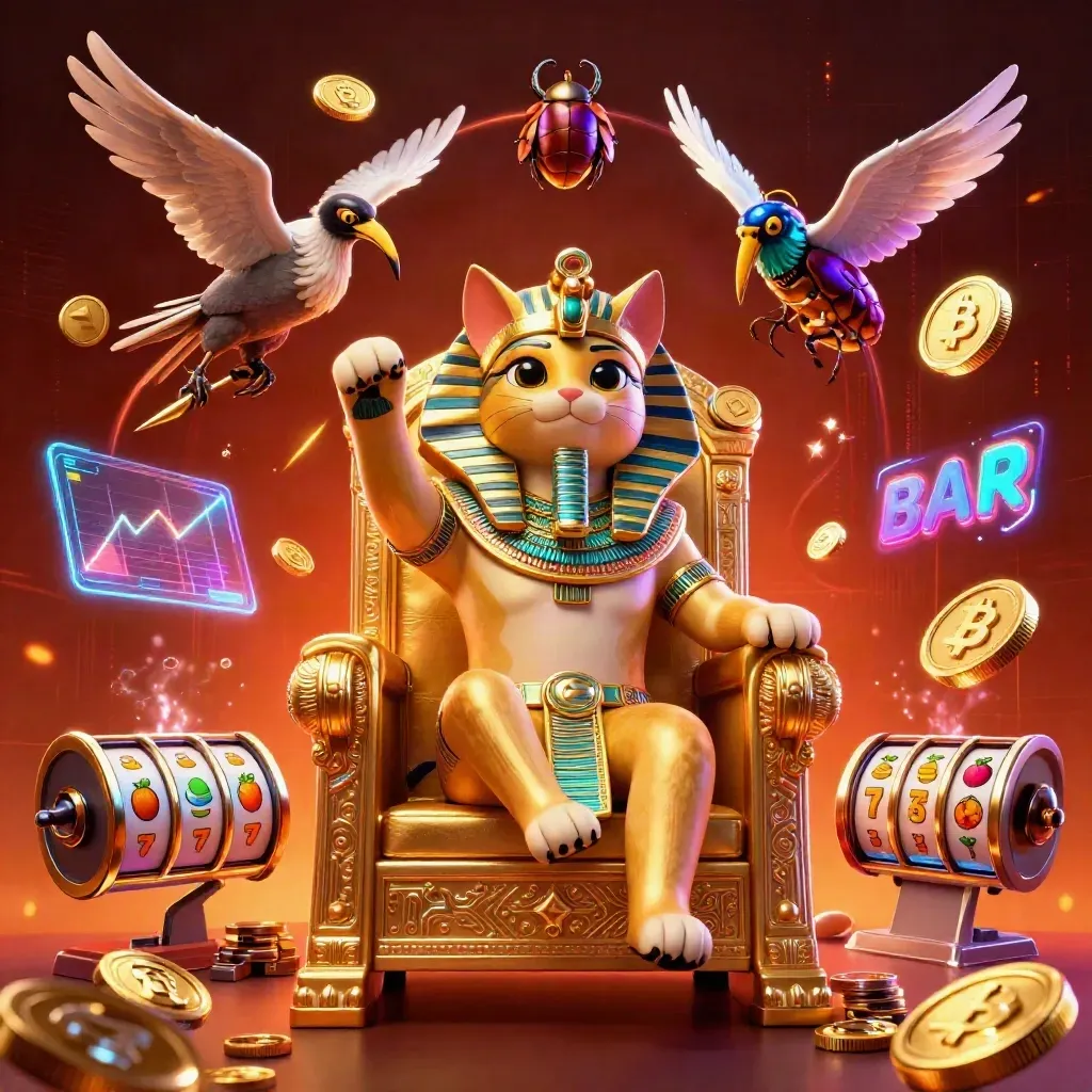 Pharaoh cat, ibis scribe, and gem-wing scarabs amid casino coins and neon energy.