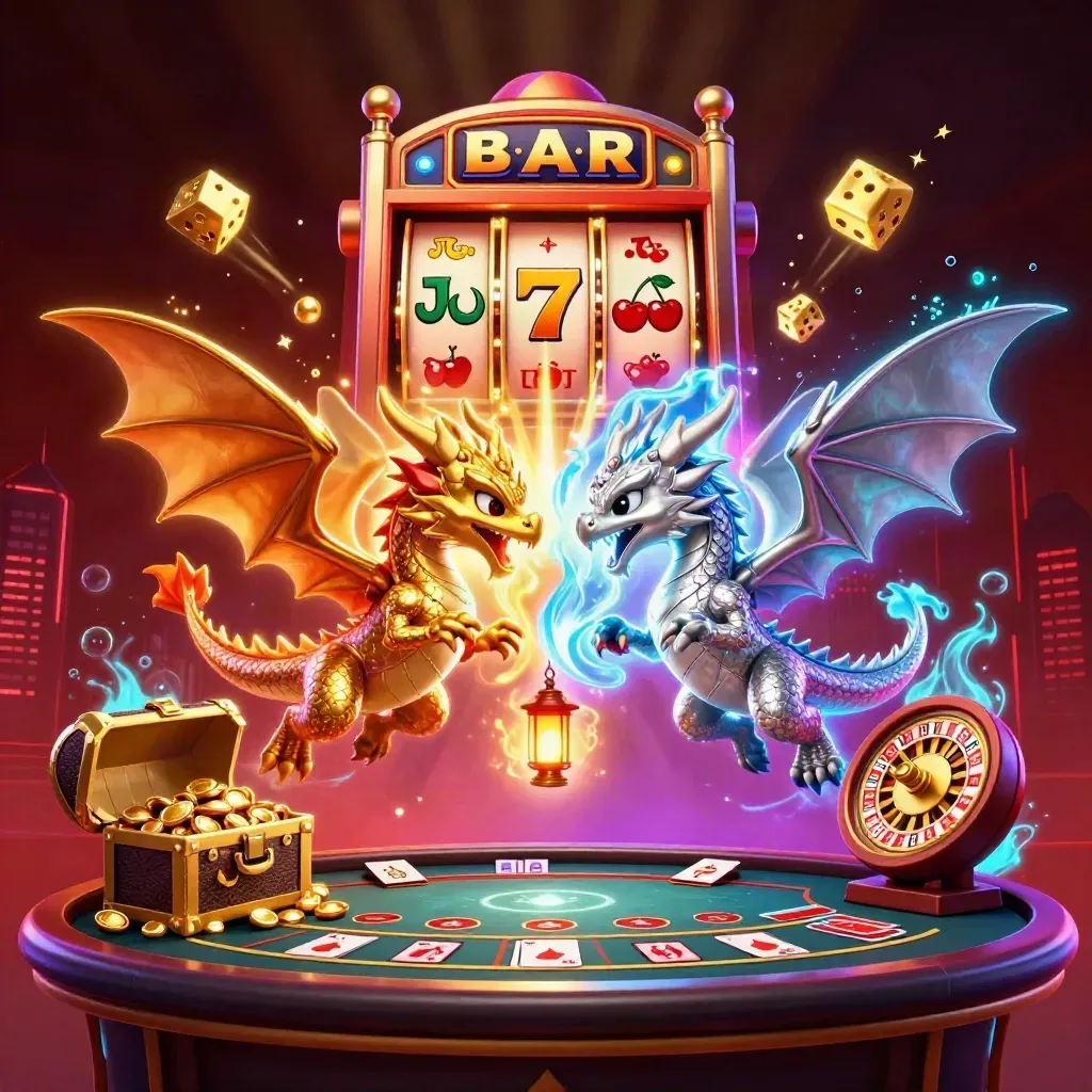 Twin gold and silver dragons spiral around slot, dice, jackpots and neon casino lights