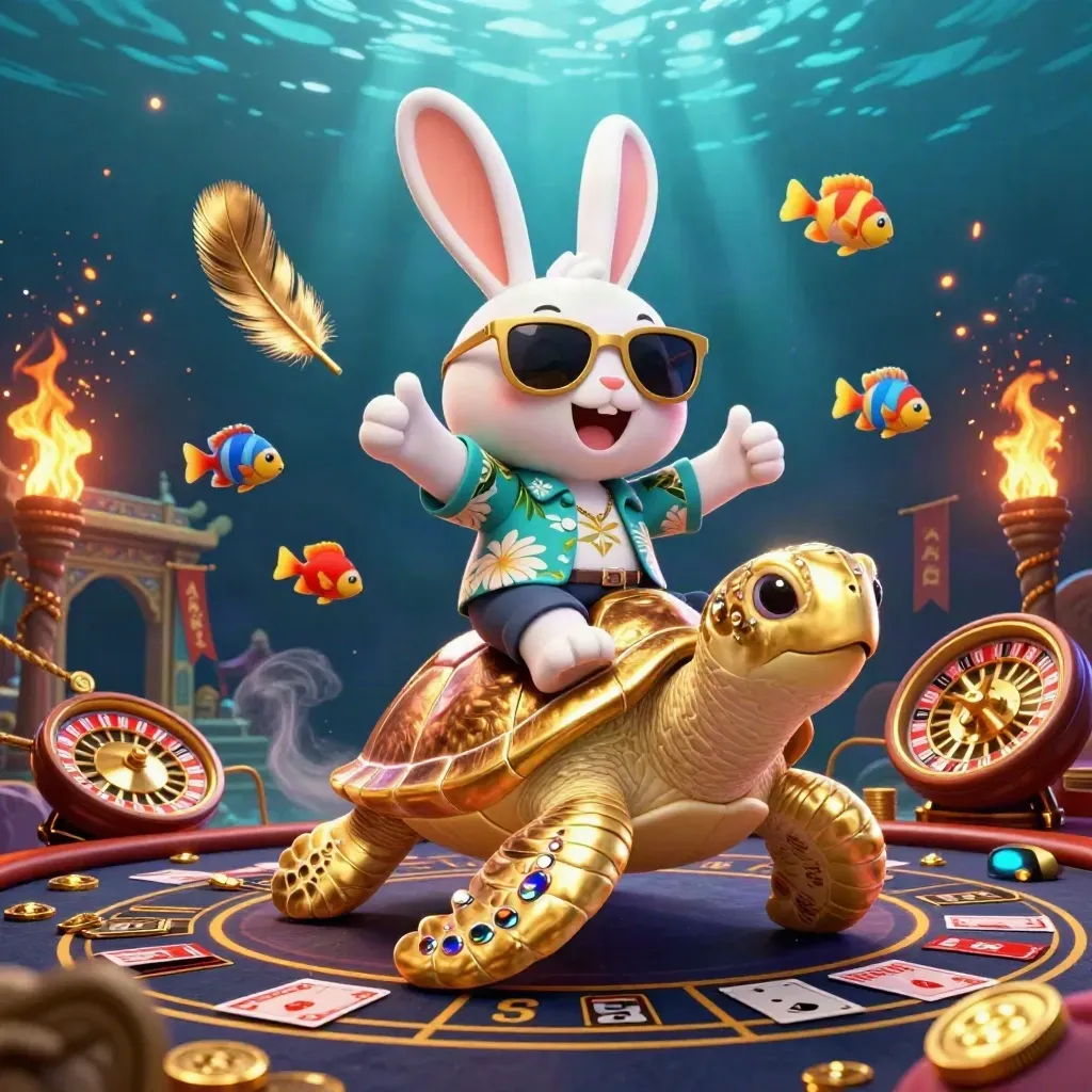 Lucky rabbit rides a golden sea turtle in a neon casino underwater scene with coins and a roulette wheel.