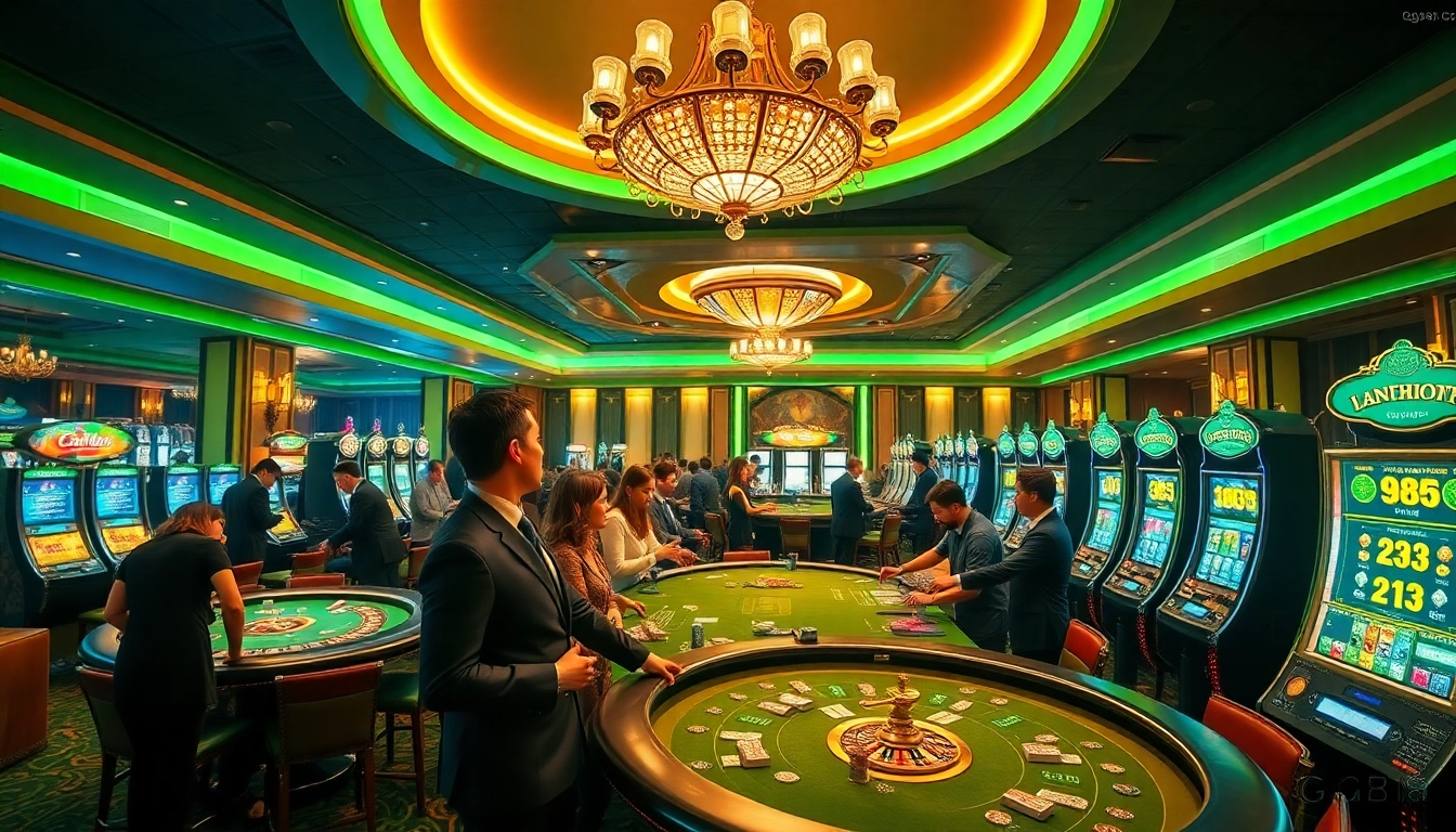 Experience the excitement of GG88 at a luxurious casino scene featuring game tables, slot machines, and vibrant players.