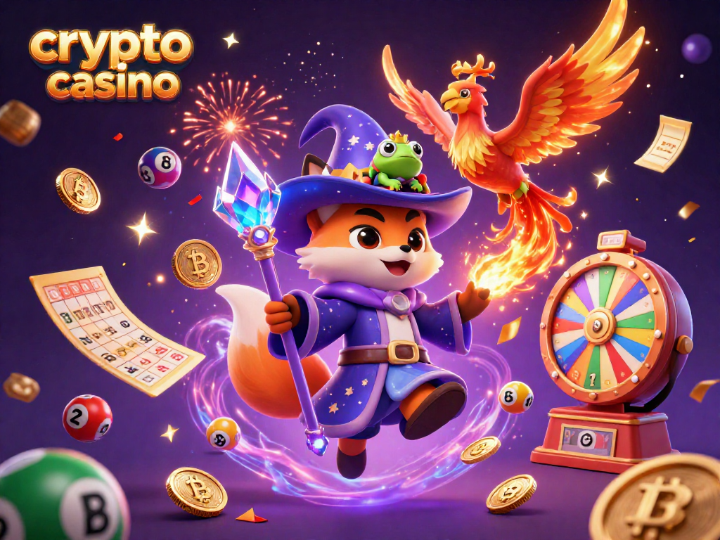 Experience the excitement of crypto casino with a whimsical wizard fox and fiery phoenix illustration.
