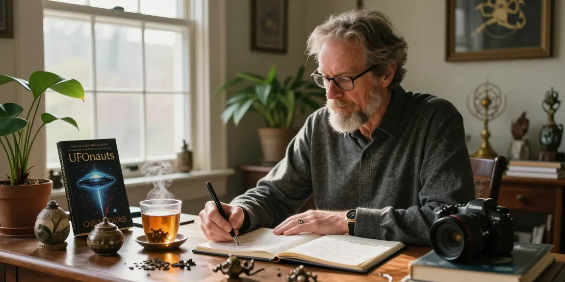 T Allen Greenfield writing "UFOnauts," blending spirituality and UFO phenomena at https://tallengreenfield.com in a cozy study.