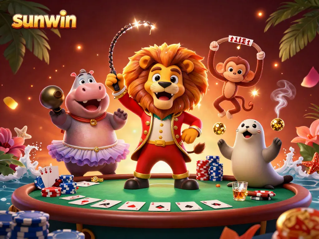 Experience the thrill of sunwin with vibrant circus characters at a richly detailed poker table.