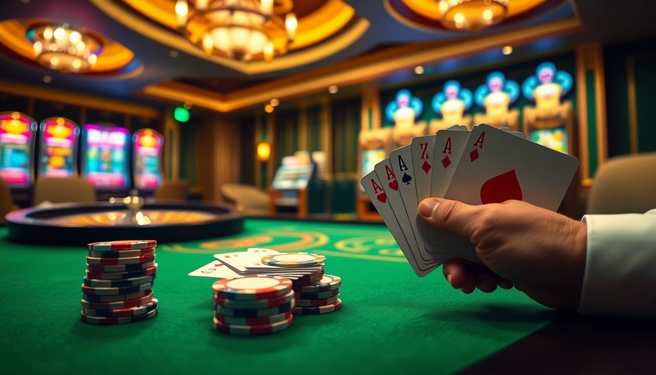 Experience the thrill of winning at https://kk55.fit/ with a stunning casino scene showcasing poker chips and cards.