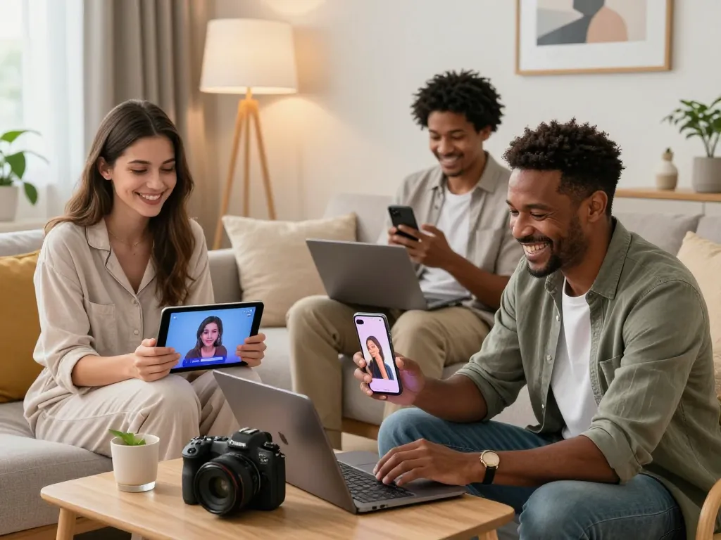 Captivating scene of individuals enjoying sex chat AI experiences in a cozy home setting.