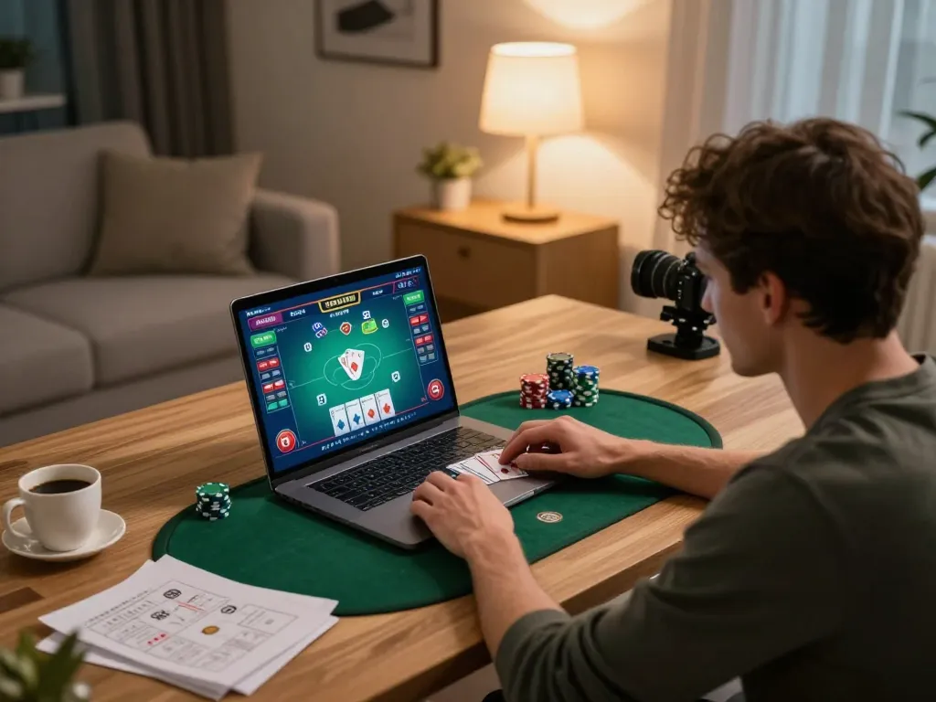 Player strategizing high-stakes poker at DN88 on a laptop, showcasing engaging online gambling atmosphere