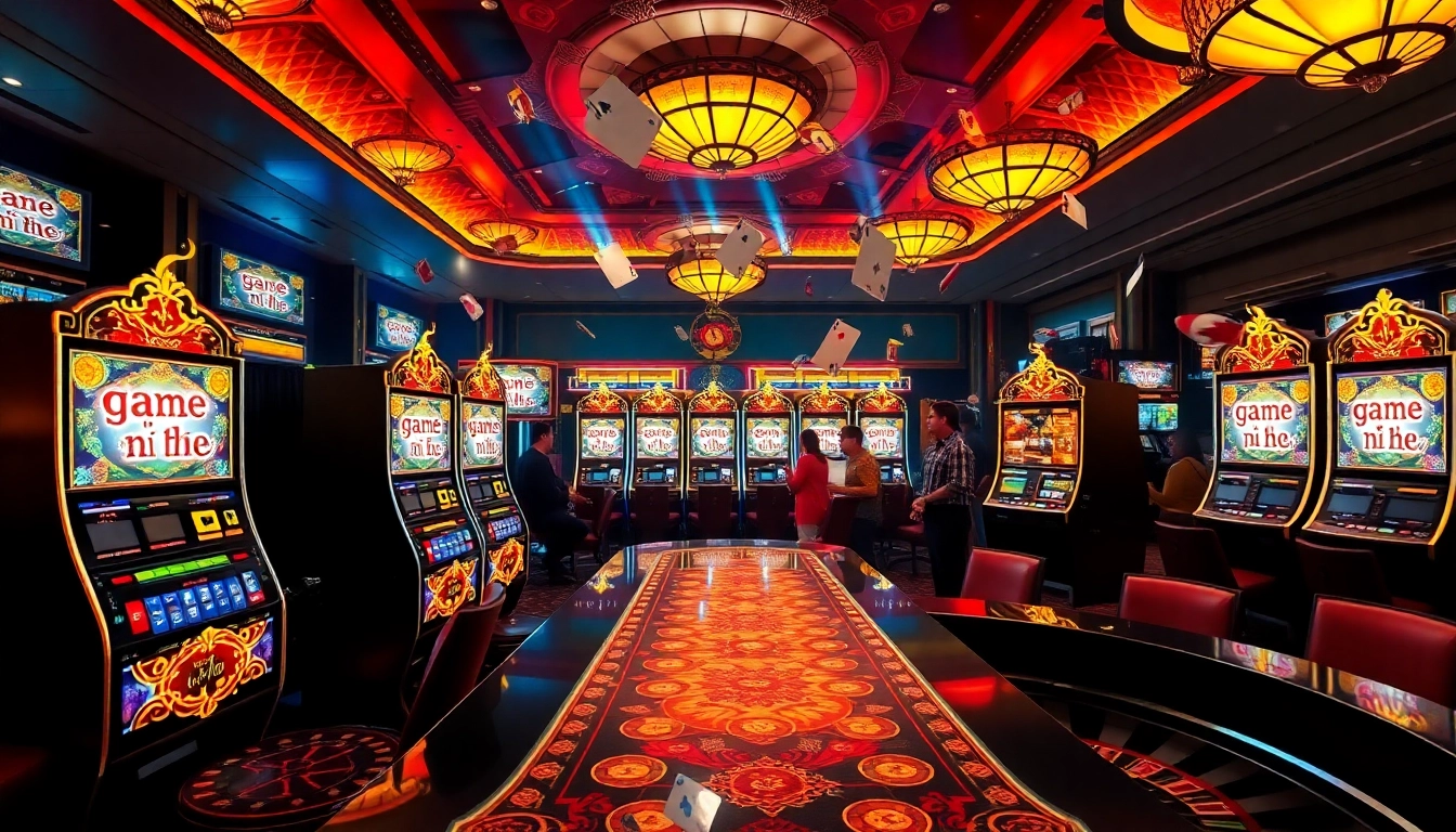 Experience the thrill of game nổ hũ with vibrant slot machines and excited players in a luxurious casino.