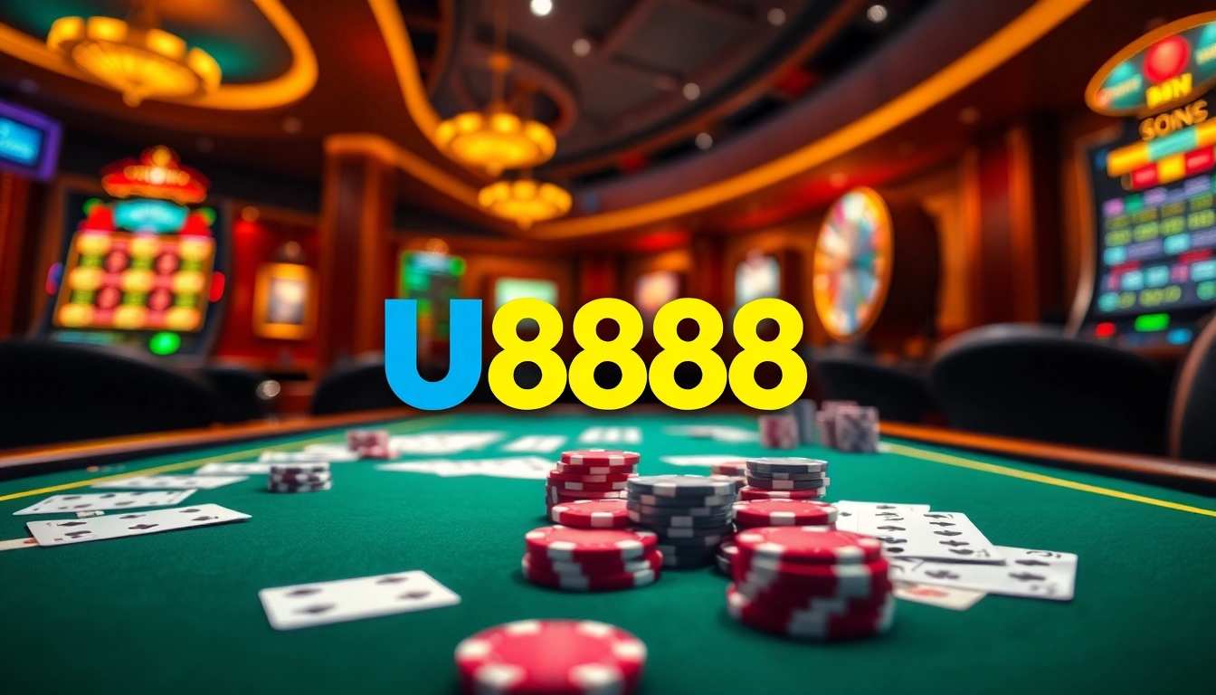 Experience the thrill of U888 with vibrant casino visuals, showcasing poker chips and stylish online interfaces.