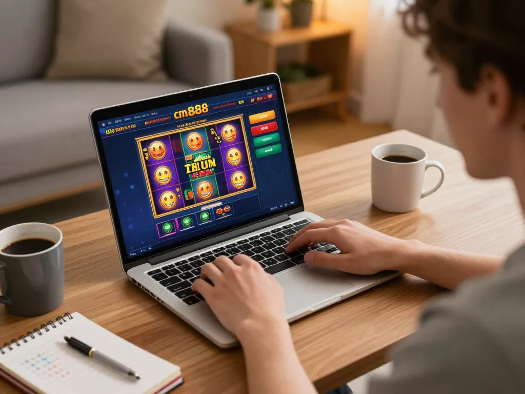 Engaging in cm888 online casino gaming with vibrant graphics on screen for an exciting home setup