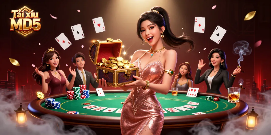 Experience the excitement of Tài xỉu MD5 with a glamorous scene showcasing a treasure chest of winnings and poker action.