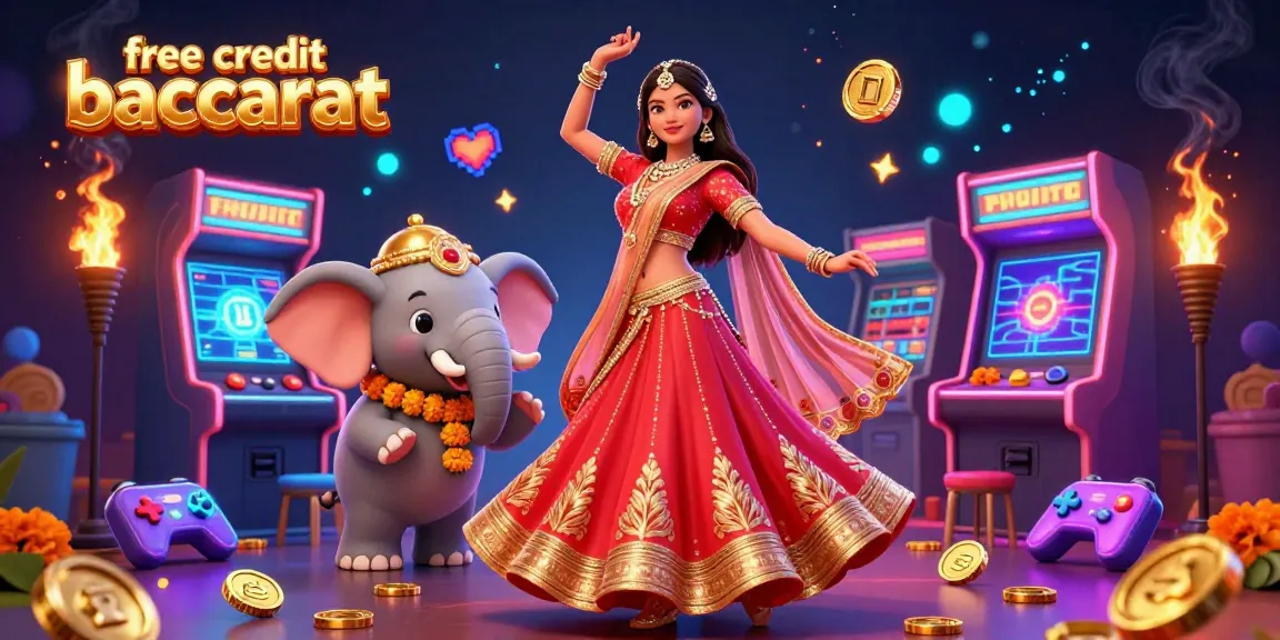 Engage with free credit baccarat in this vibrant casino-themed illustration featuring Asian woman and elements.