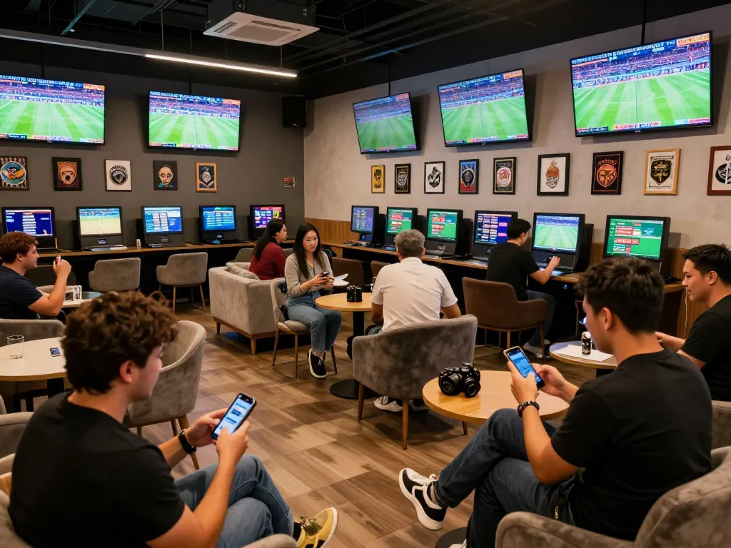 8xbet users enthusiastically placing sports bets in a contemporary lounge setting, showcasing a vibrant betting atmosphere.