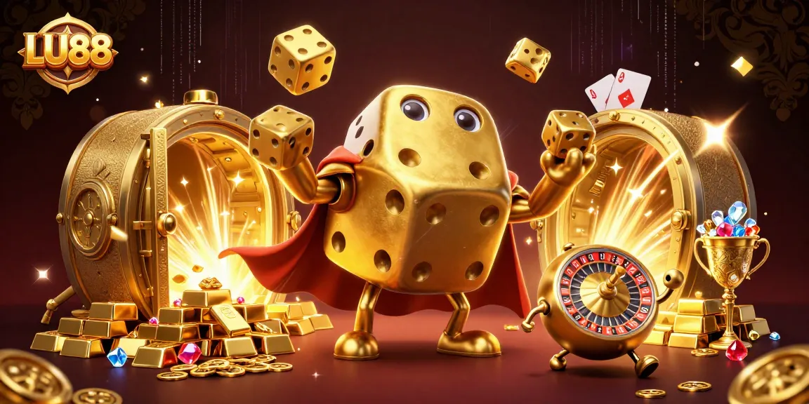 LU88 showcasing dynamic casino energy with golden dice and vibrant treasures in 3D illustration