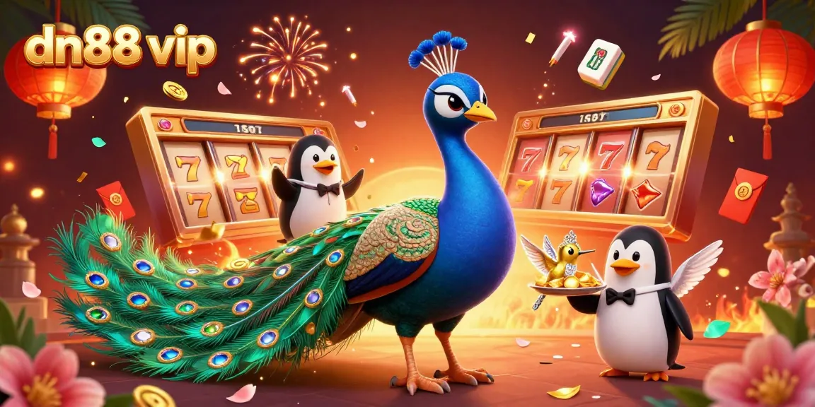Experience elite gaming with dn88 vip, featuring a dazzling peacock and a golden hummingbird amidst vibrant slot symbols.