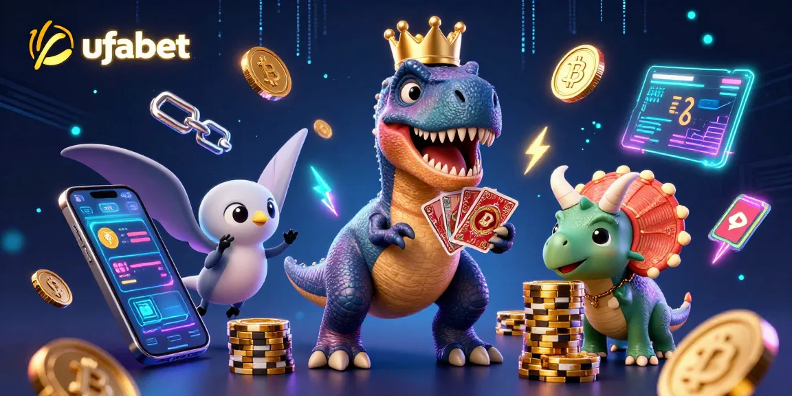 Experience ufabet's fun side with a friendly dinosaur-themed casino scene featuring playful characters and crypto elements.