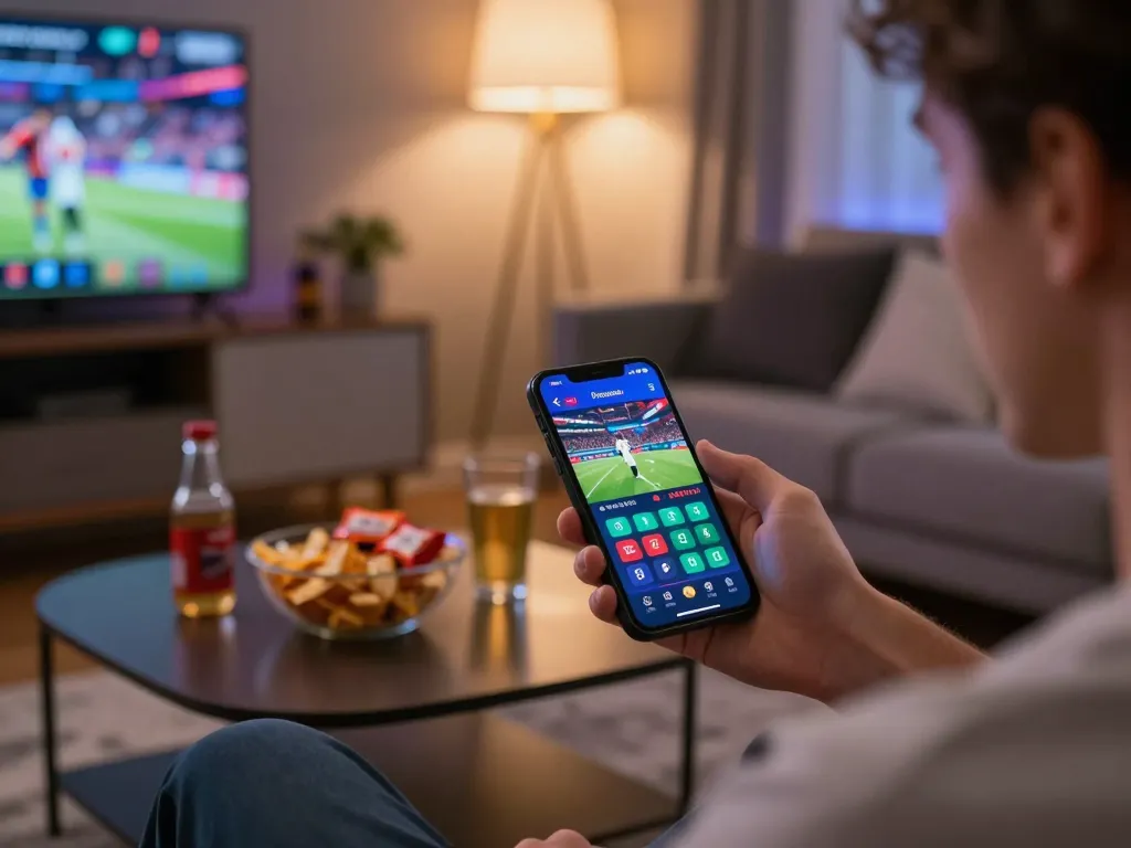 Player engaging with sports betting app oli 4d on smartphone in cozy living room setting