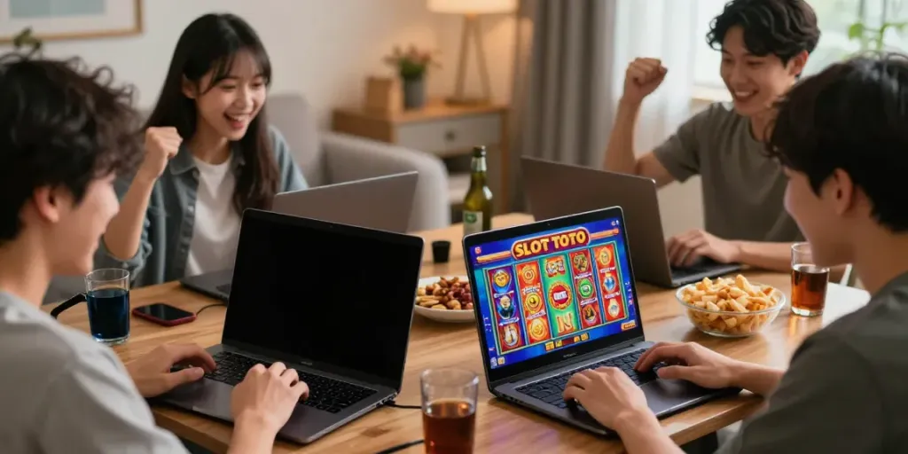 Excited players engaging with SLOT TOTO games on multiple screens in a cozy living room.