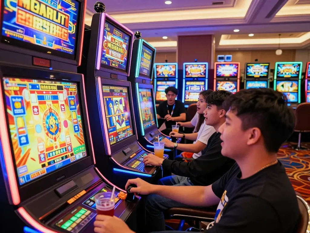 Situs slot gacor players enjoying vibrant online gaming experience with colorful slot machines.