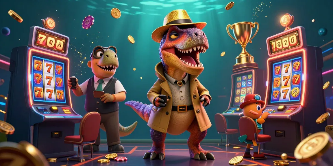 Experience exciting slots with a cartoon velociraptor, jackpot, and vibrant casino scene