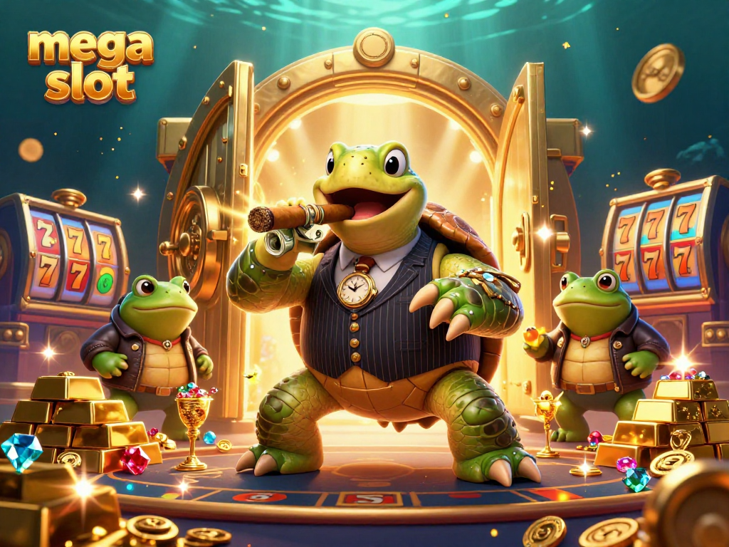 Play mega slot with dynamic characters and thrilling casino elements in this vibrant 3D scene.