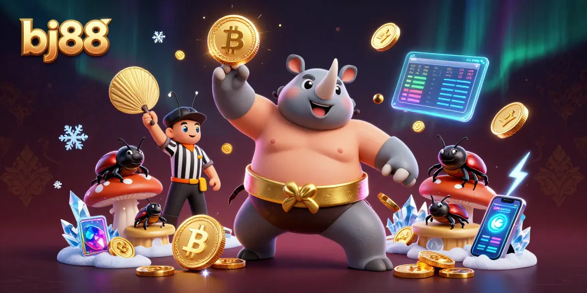 Experience thrilling moments at bj88 as a sumo champion beetle champions with golden coins flying in celebration.