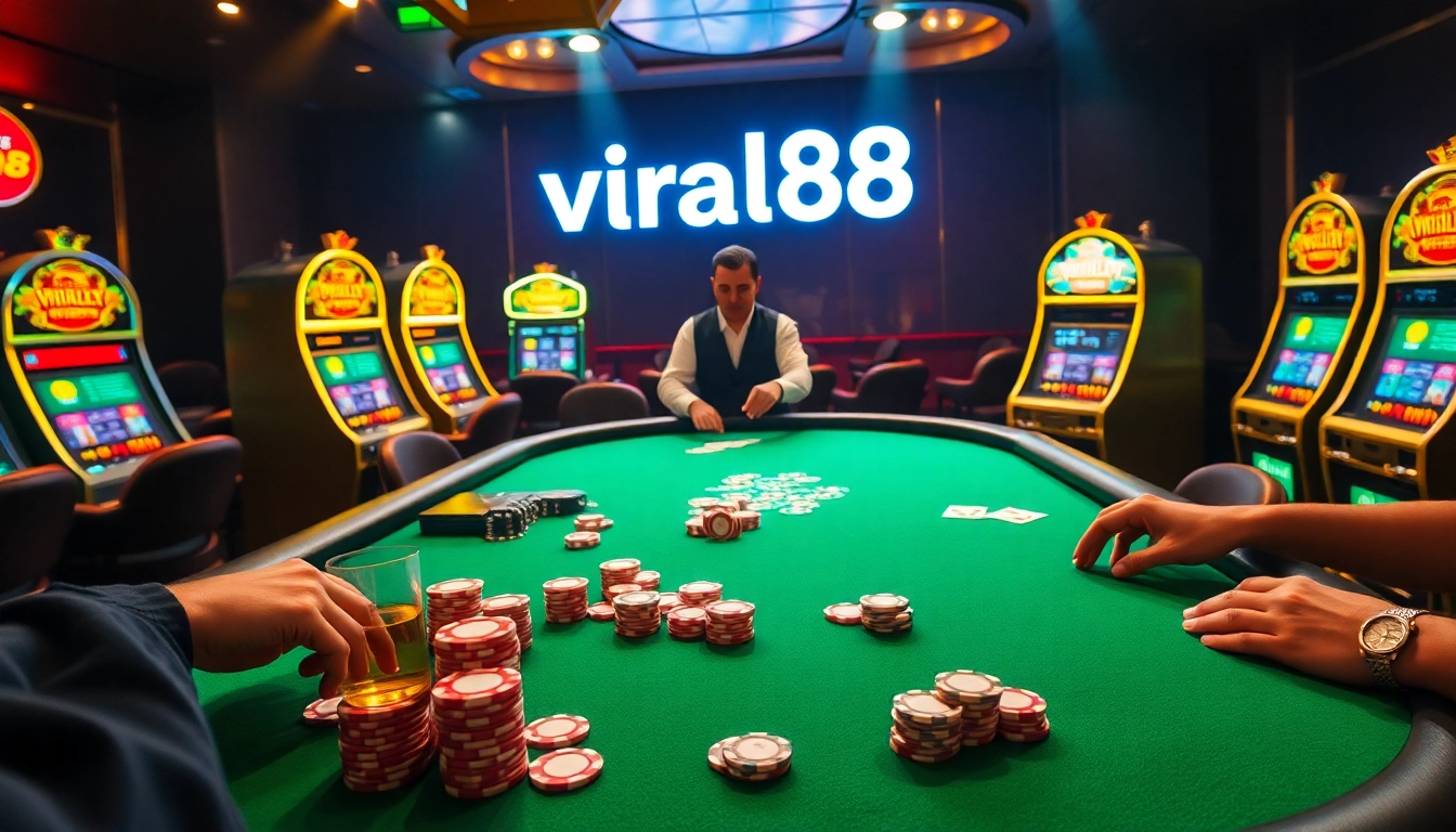 Action-packed poker scene featuring viral88 branding with vibrant cards and chips.