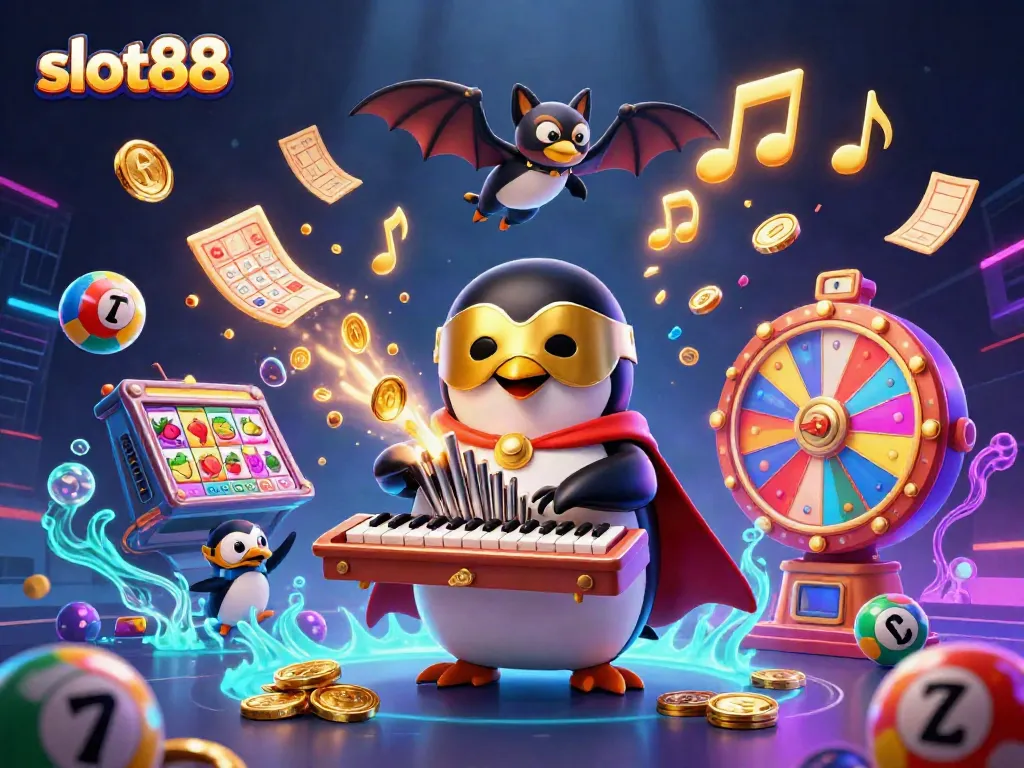 Menggandakan slot88 dengan burung penguin dan elemen kasino berkilauan dalam komposisi dinamis