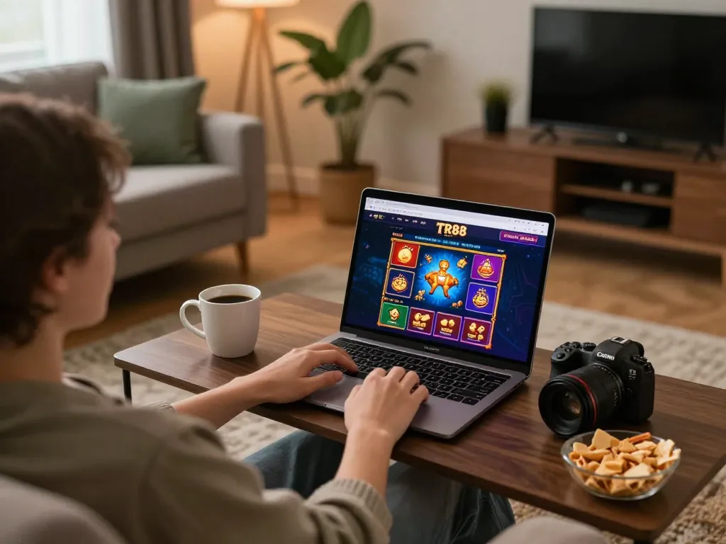 Player engaging with TR88 online casino platform while enjoying a cozy home atmosphere.