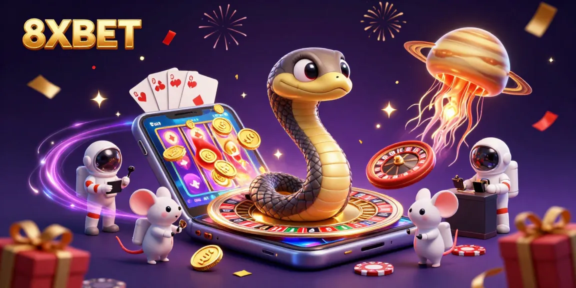 Experience cosmic gaming excitement with 8XBET's illustrated roulette and colorful slot games.