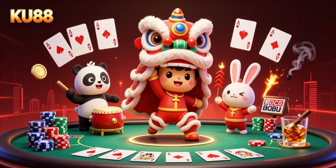 Engage in thrilling gaming with KU88, featuring lively lion dance, panda, and poker elements.