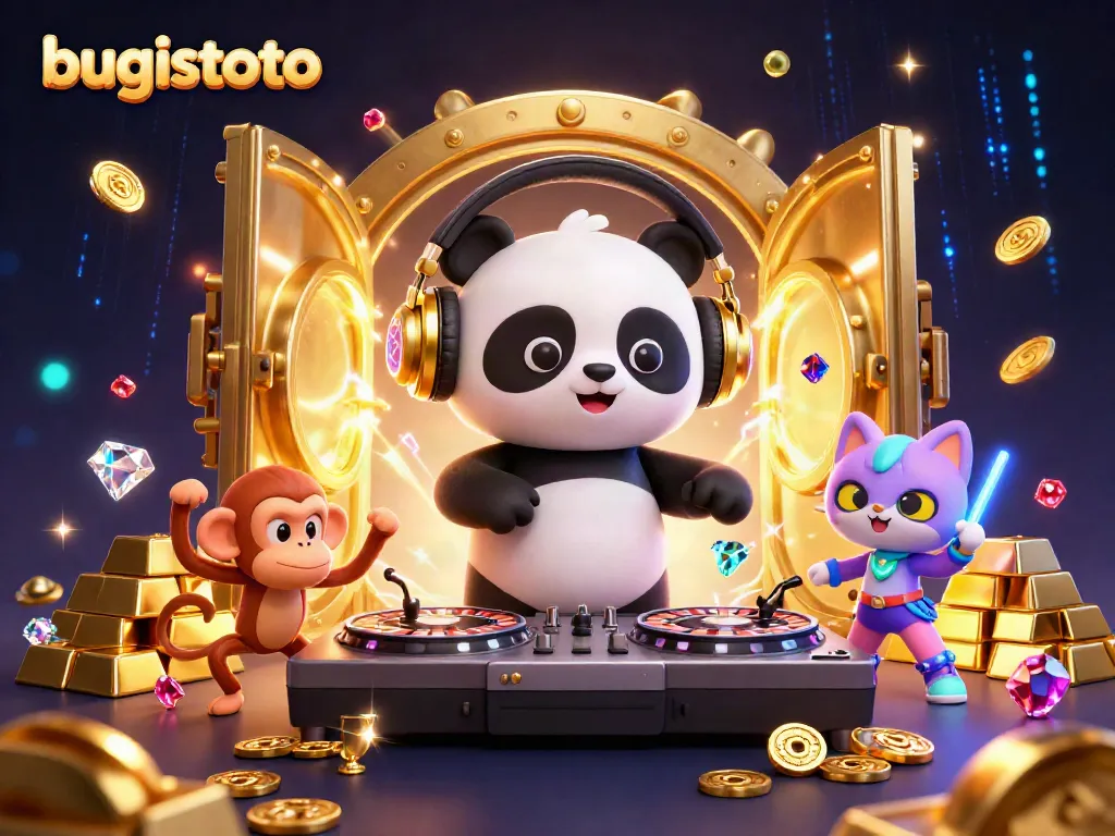 Spin to win with bugistoto in an energetic 3D rave scene featuring vibrant characters and treasures.
