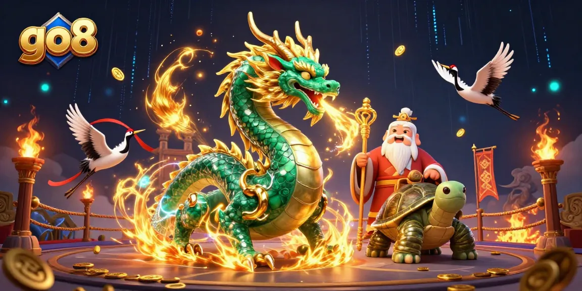 Bet on go8's thrilling casino adventure with a jade dragon, turtle sage, and lucky cranes!