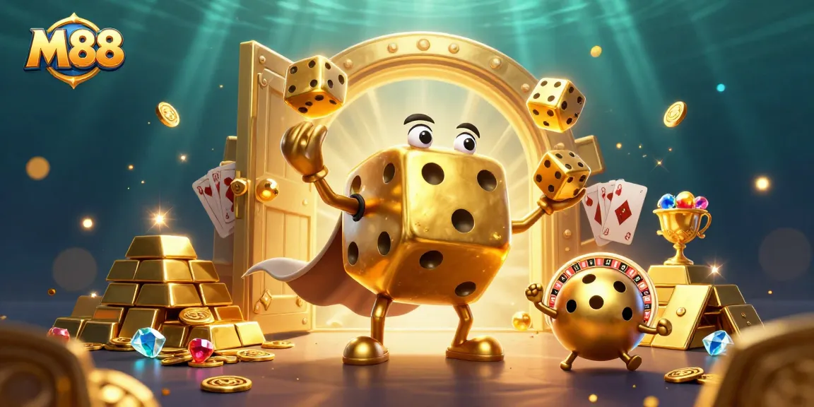 Experience thrilling action with M88's golden dice golem amidst precious jewels and games.