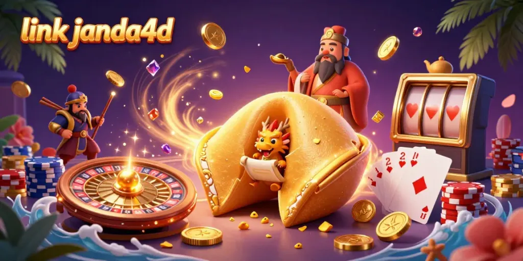 Visualisasi permainan judi online dengan tema link janda4d, menunjukkan simbol keberuntungan dan elemen kasino