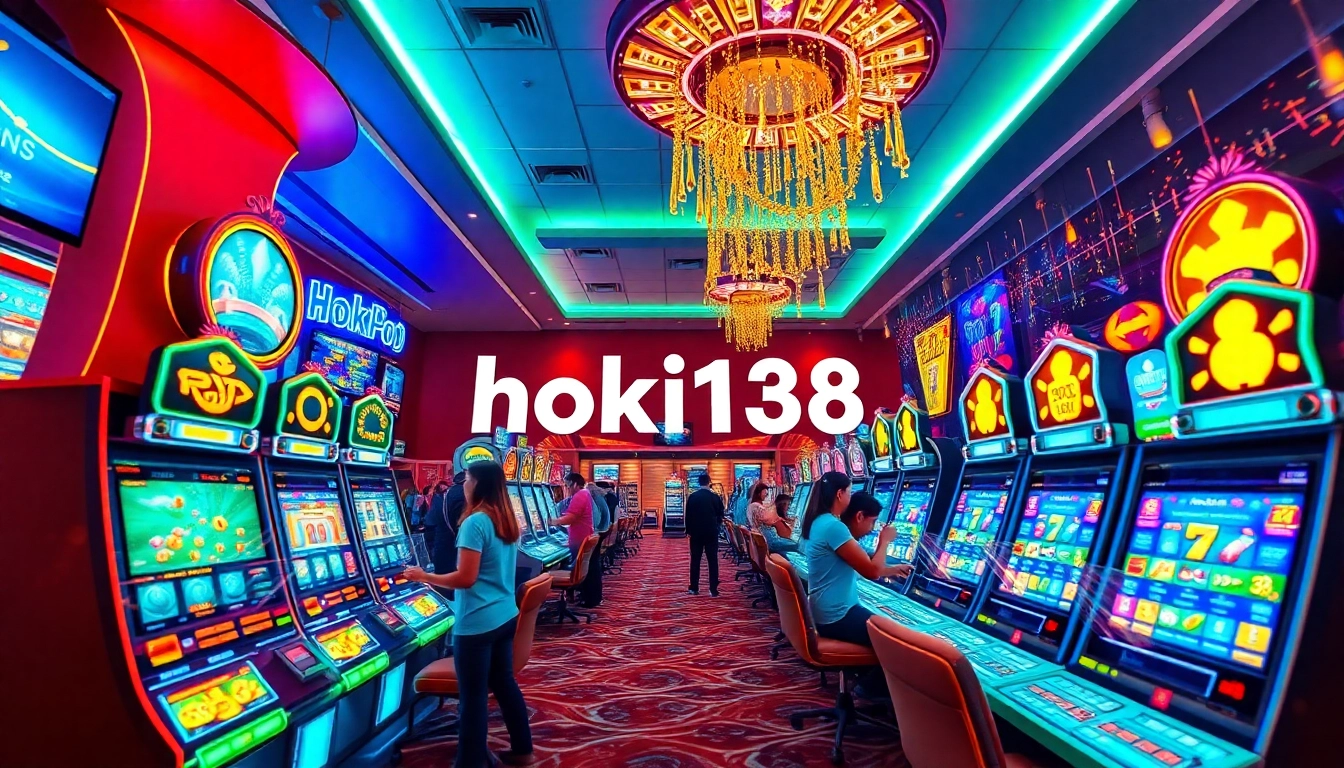 Hoki138 online gaming scene with vibrant slot machines and enthusiastic players.