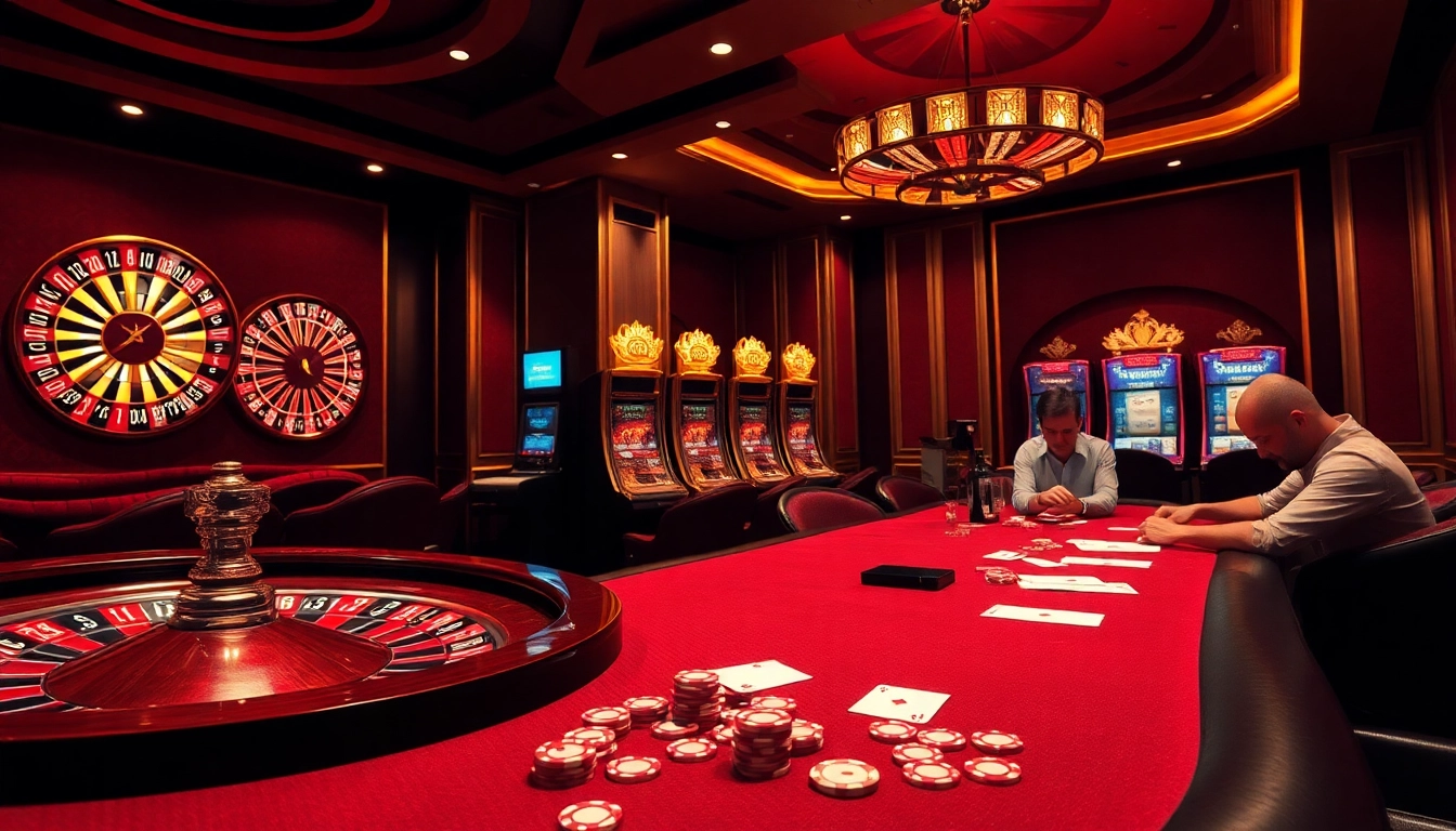 Exciting scene at a vibrant casino venue showcasing s8 nhà cái with roulette and poker activities.