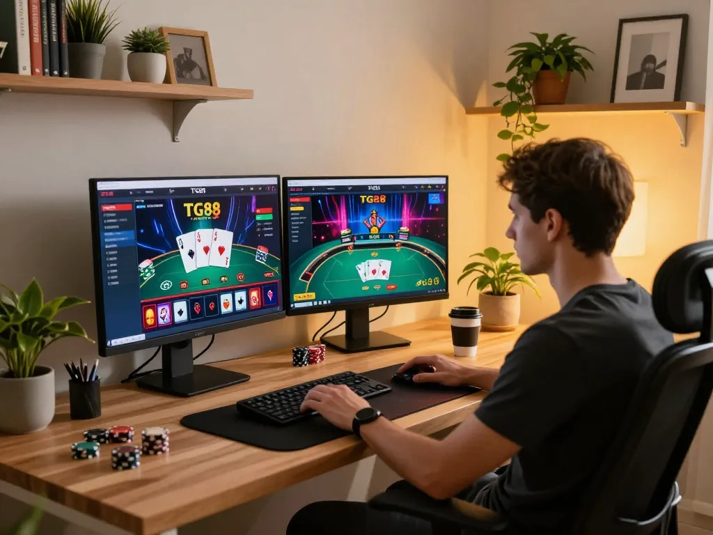Engaging with TG88 casino platform at home for an immersive online gambling experience.